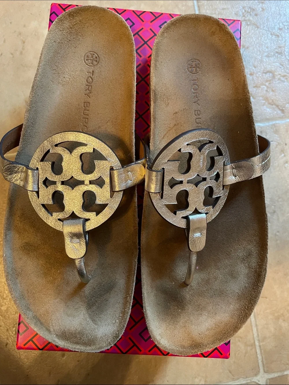 Tory Burch Brown Footbed Sandal with Silver Logo Medallion